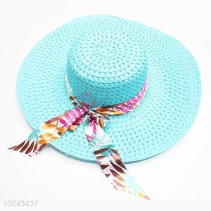 Sky blue big brim paper hat with ribbon