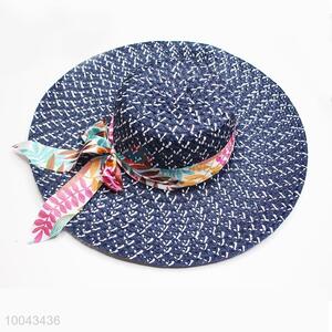 Blue big brim paper hat with pink ribbon