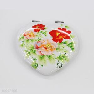 Pink Flower White Heart Shaped Foldable Pocket Mirror