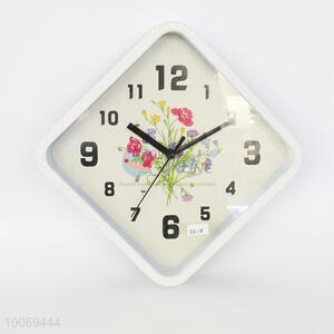 Rhombic  plastic wall clock with flower pattern