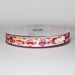 Pink cake pattern polyester grosgrain ribbon