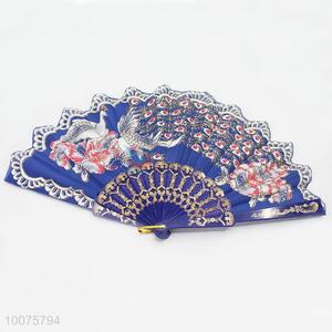 High Quality Blue Portable Peafowls Printed Hand Fan