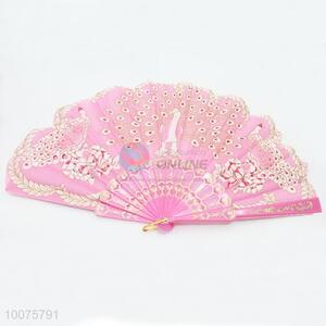 Best Selling Pink Folding Hand Fan with Peafowls Pattern