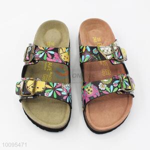 Flower pattern two buckles slippers