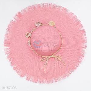 Pink wide brim shell paper straw hat