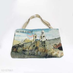 28*38cm Bethlehem Printed Grosgrain Hand Bag with Zipper,White Belt