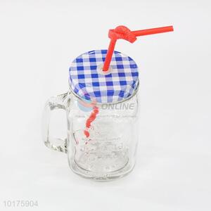 Household Glass Bottle with Lid and Straw Glass Milk Jar