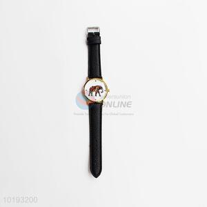 Europe style elephant printed black strap women watch