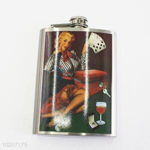 Vintage Style Lady Printed Stainless Steel Camping Flagon Hip Flask