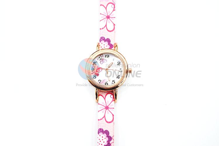 Promotional Pink Flower Pattern Wrist Watch with Leathern Watchband for Sale