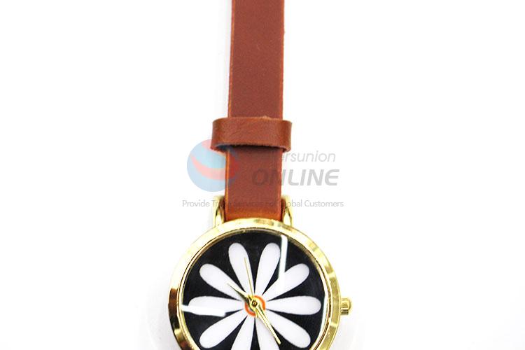 Nice Flower Pattern Brown Wrist Watch with Leathern Watchband for Sale