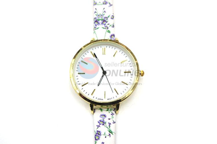 Purple Flower Printed Wrist Watch with Leathern Watchband for Sale