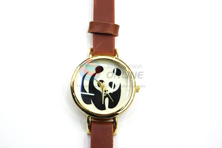 Popular Panda Pattern Brown Wrist Watch with Leathern Watchband for Sale