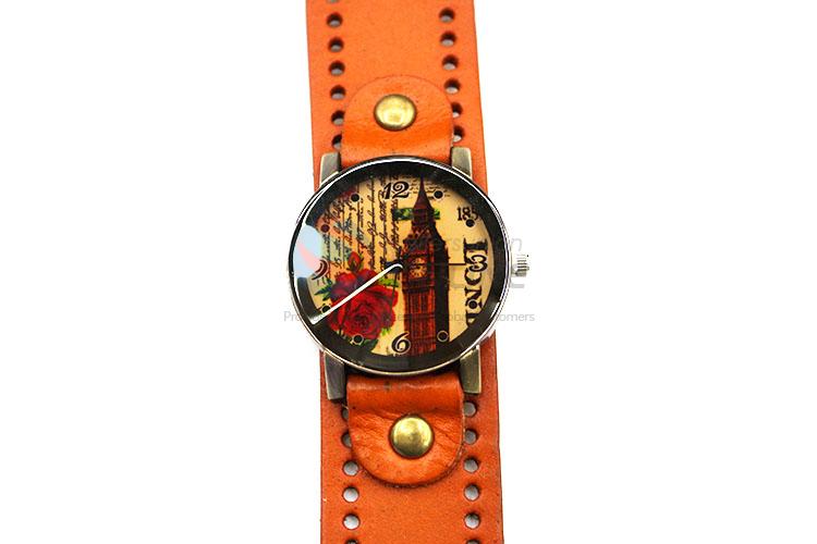 Promotional Orange Wrist Watch with Leathern Watchband for Sale