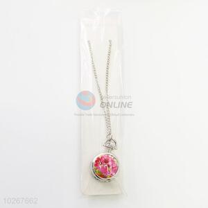 New Flower Printed Silver Metal Quartz Pocket Watches with Chain