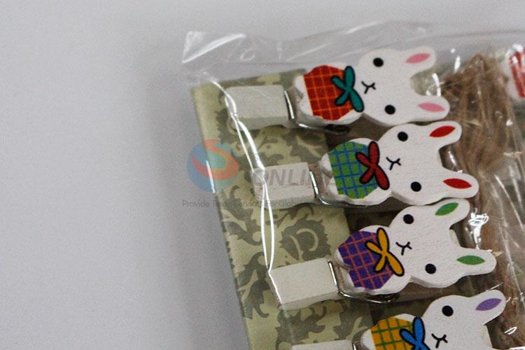 Beautiful Cartoon Rabbit Wooden Clip Photo Paper Craft Diy Clips with Hemp Rope