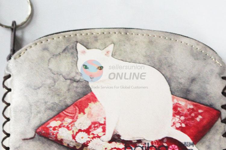 Best cute low price white cat pattern pu coin purse