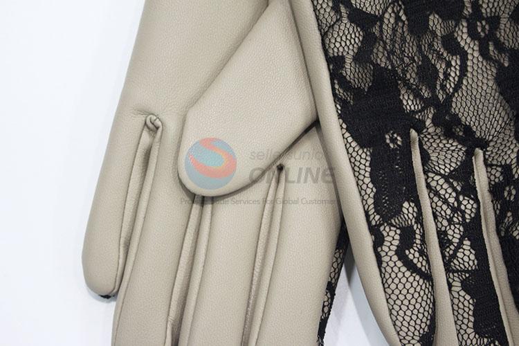 Women Dresses PU Leather Gloves Winter Warm Lace Gloves