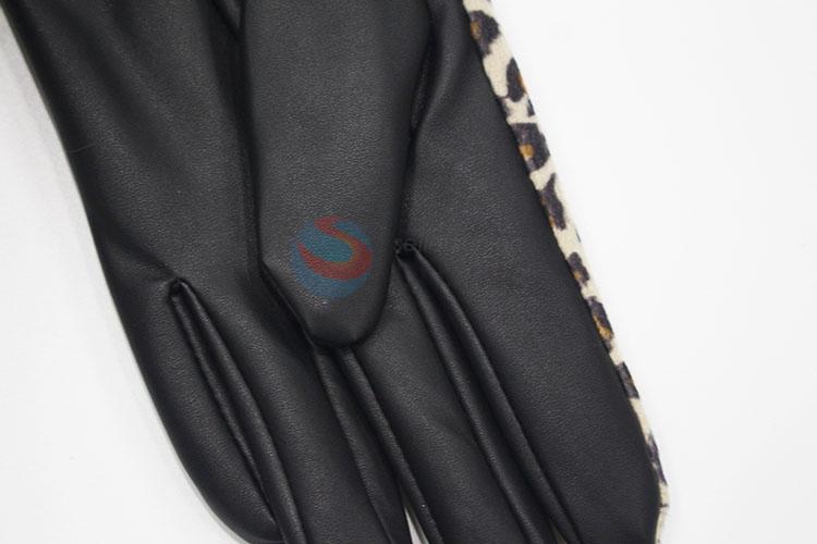 Winter Warm Mitten Women PU Leather Leopard Printed Finger Gloves