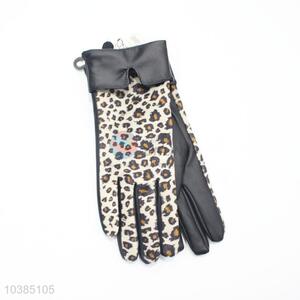 Winter Warm Mitten Women PU Leather Leopard Printed Finger Gloves