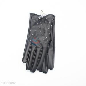 Lady Crystal Winter PU Leather Warm Five Finger Gloves