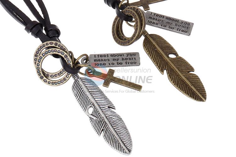 New Style Alloy Feather Pendant Leather Necklace