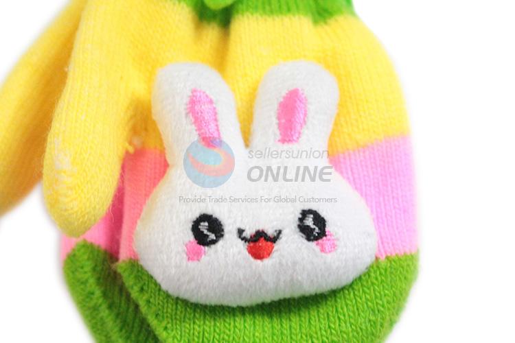 Factory promotional knitted rabbit kids gloves with rope