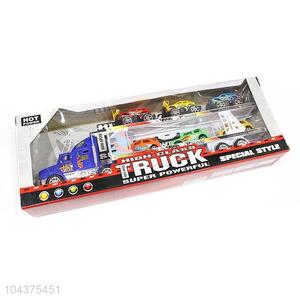 Plastic Inertial Double-Deck Platform Truck With Free-Wheel Racing Car And Suv Toy Set