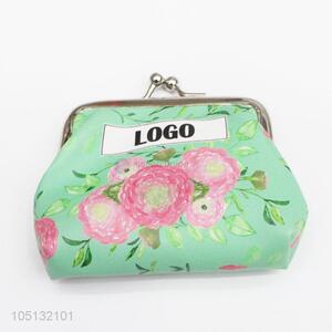 Promotional Gift Green Color Flower Printed Custom Logo Coin Purse Hasp Pouch