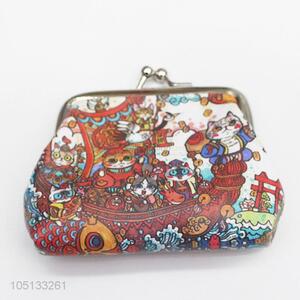 Funny Cartoon Cat Printed PU Leather Coin Purse with Clasp for Women