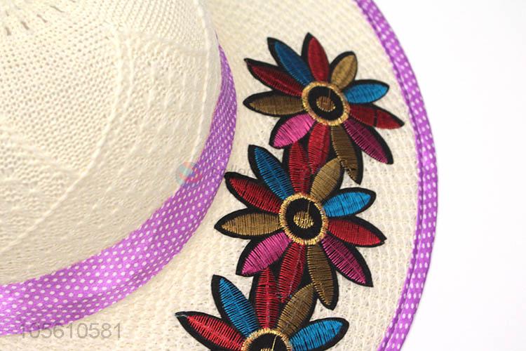 Wholesale women embroidered straw hat summer beach cap with ribbon