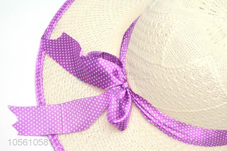 Wholesale women embroidered straw hat summer beach cap with ribbon