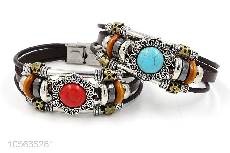 Factory directly sell retro men leather bracelet with alloy charms