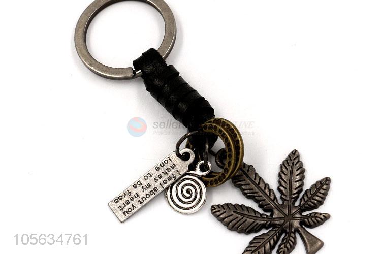 Superior factory retro matte alloy leaf shape key ring key holder for men