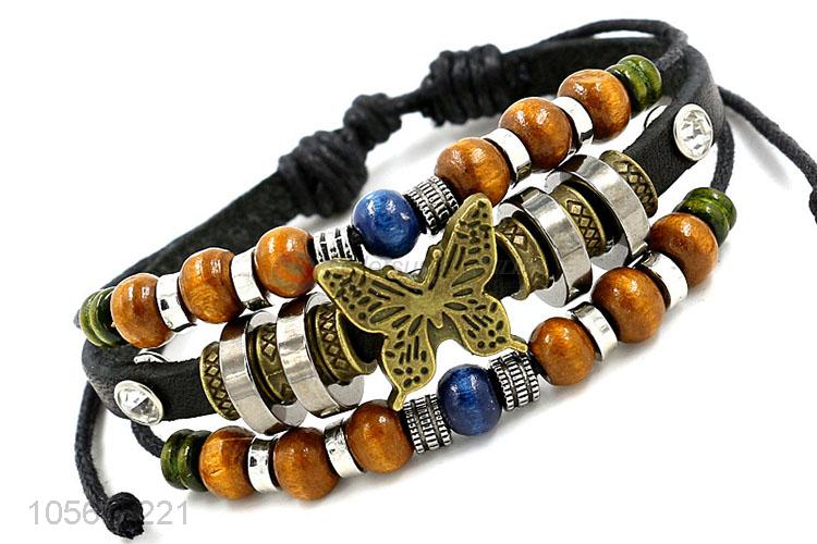 Professional supply retro leather beaded bracelet with charms