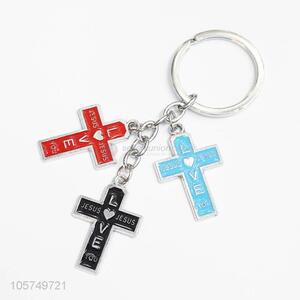 High quality cross shape zinc alloy key chains enamel metal keyrings