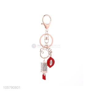 Popular Wholesale Alloy Diamond Lipstick Lipstick and Lip Pendant Keychain