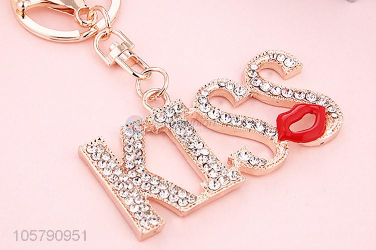 Excellent Quality Red Lip Diamond KISS Alloy Keychain for Women Handbag Decoration