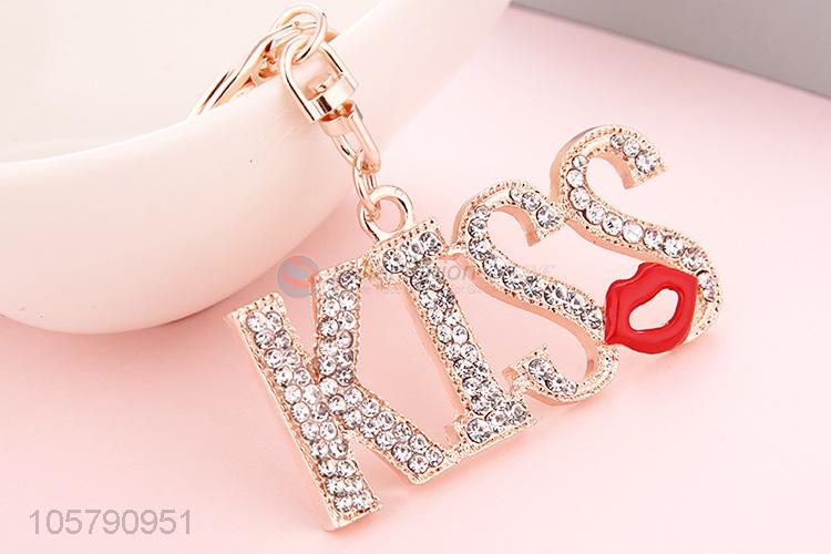 Excellent Quality Red Lip Diamond KISS Alloy Keychain for Women Handbag Decoration