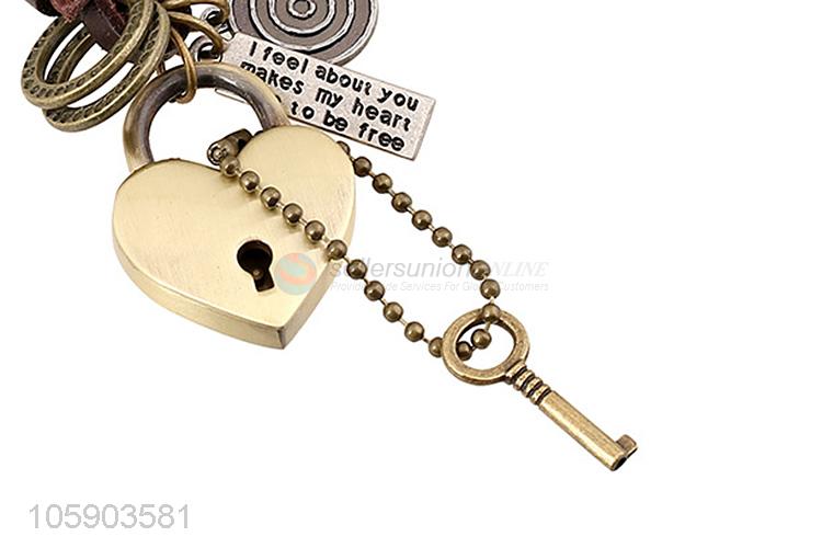 Low price weave leather key chain with retro heart charms