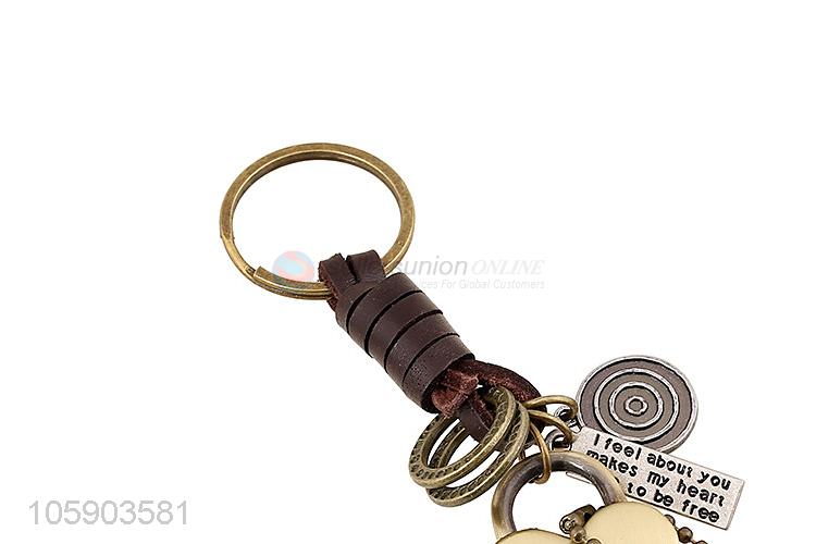 Low price weave leather key chain with retro heart charms