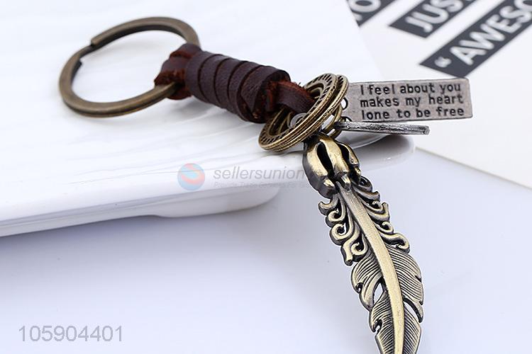 China maker personalized alloy pendant retro feather leather key chain