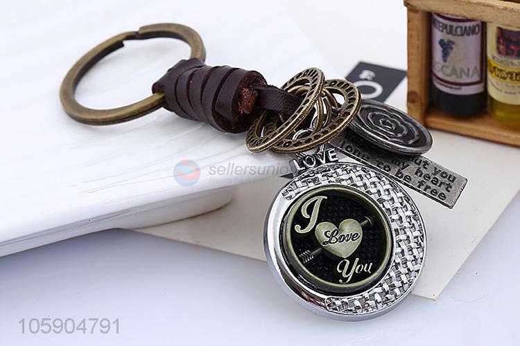 Superior factory round alloy pendant key chain leather key ring