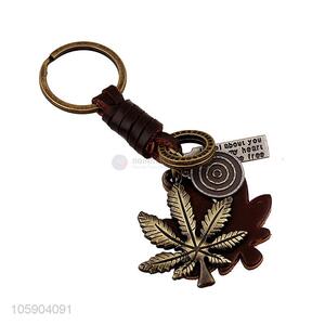 Best selling retro alloy leaf pendant weaving leather key chain