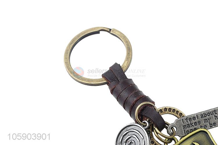 China maker weave leather key chain with retro shield charms