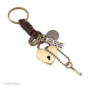 Low price weave leather key chain with retro heart charms