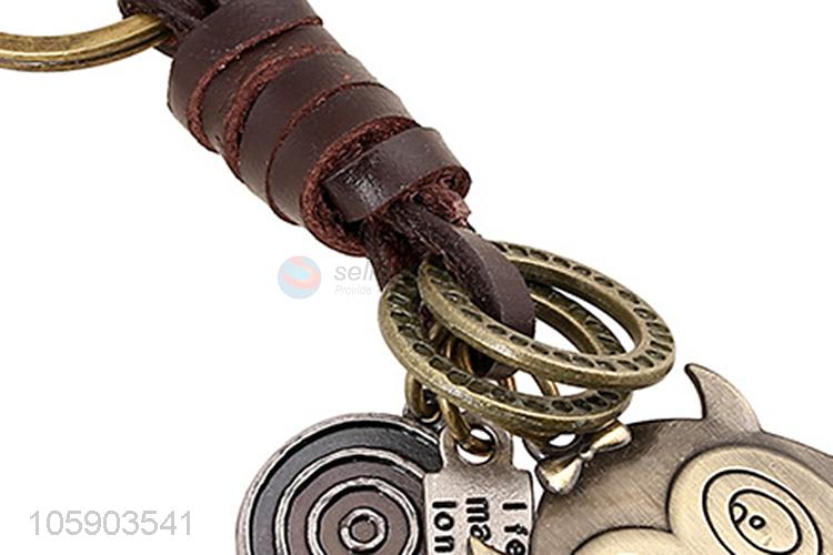 Yiwu factory weave leather key chain with retro owl charms