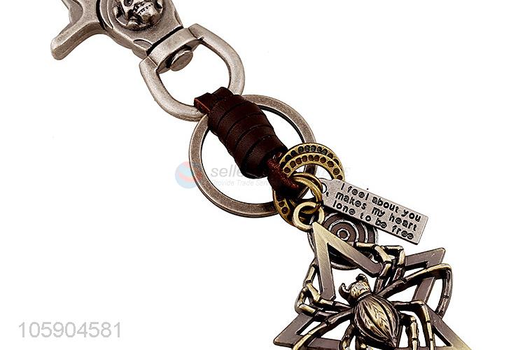 Low price weave leather key chain with retro spider charms