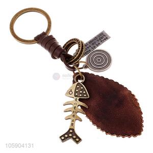 Wholesale custom retro alloy fishbone pendant weaving leather key chain