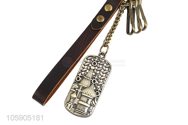 Factory promotional leather key chain with retro castle bar charms